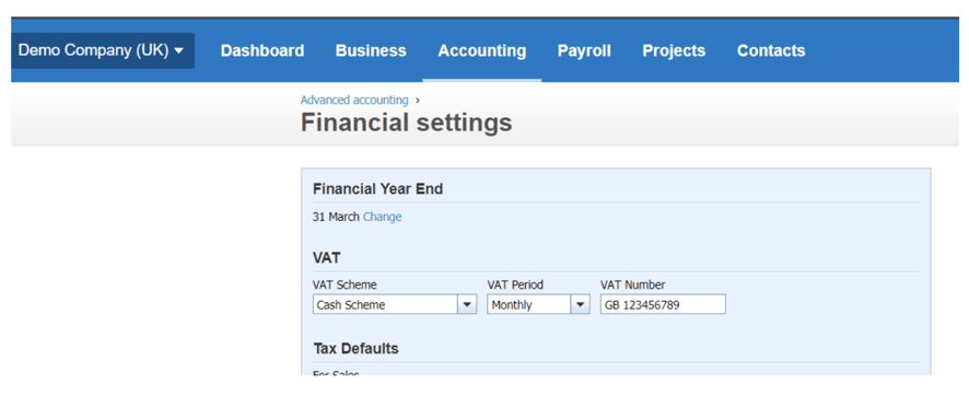 MTD Xero settings to enable